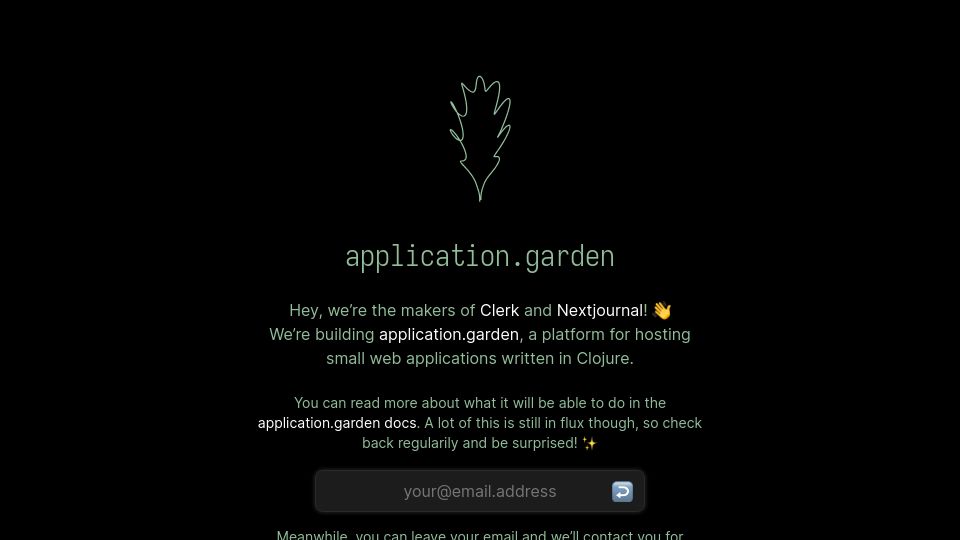 Screenshot of application.garden: Application.garden – a platform for hosting small web apps written in Clojure