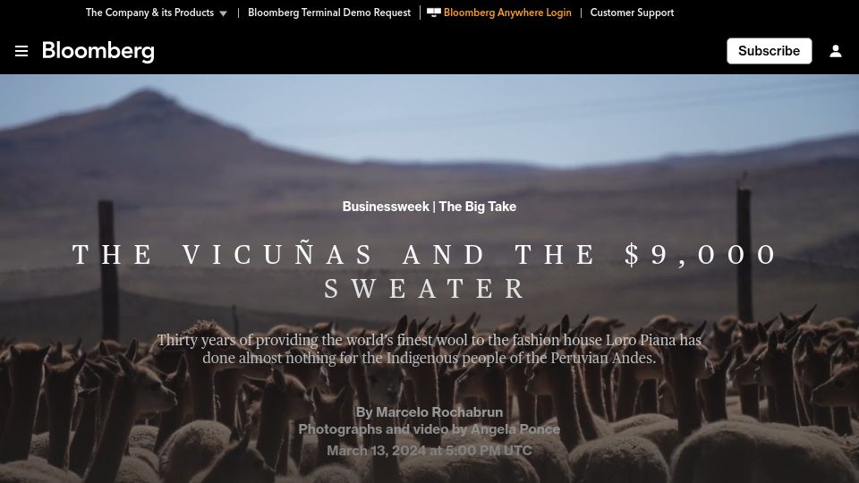 Screenshot of bloomberg.com: The Vicuñas and the $9k Sweater