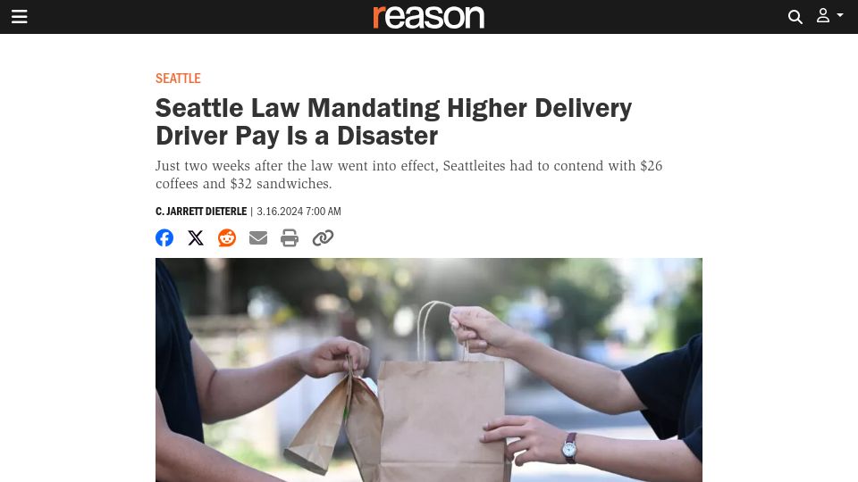 Screenshot of reason.com: Seattle Law Mandating Higher Delivery Driver Pay Is a Disaster