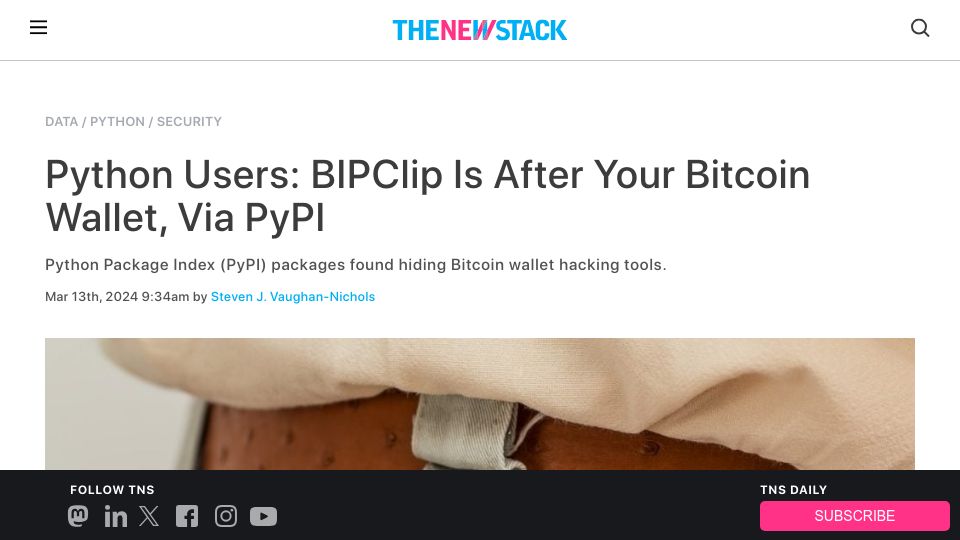 Screenshot of thenewstack.io: Python Users: BIPClip Is After Your Bitcoin Wallet, via PyPI
