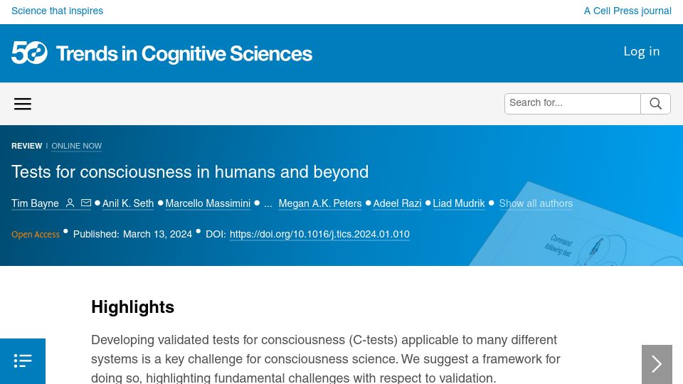 Screenshot of cell.com: Tests for consciousness in humans and beyond