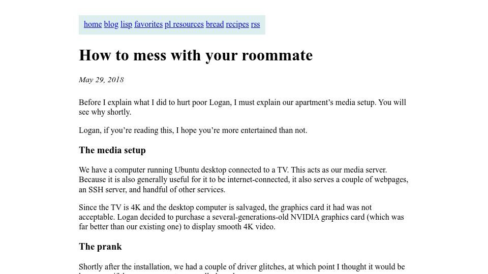 Screenshot of bernsteinbear.com: How to mess with your roommate (2018)