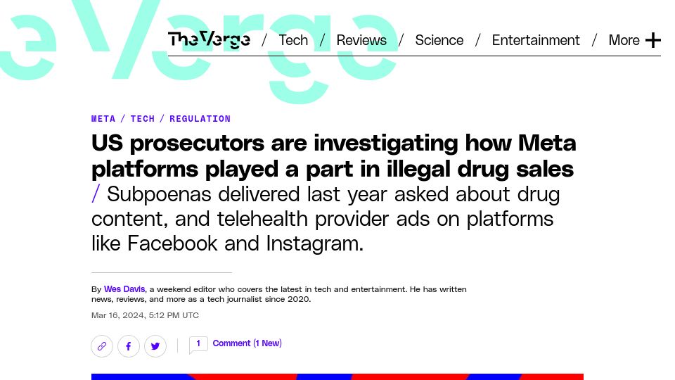 Screenshot of theverge.com: US prosecutors are investigating how Meta played a part in illegal drug sales