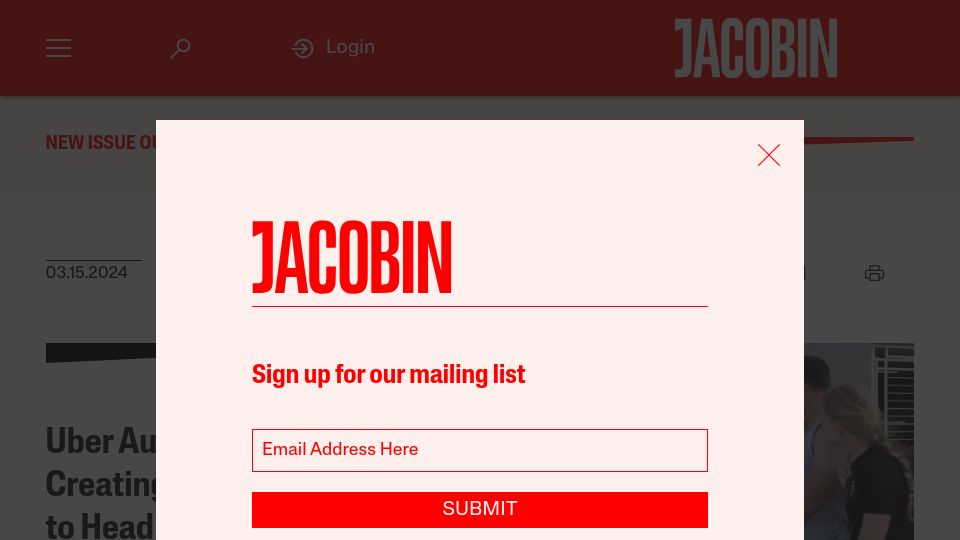 Screenshot of jacobin.com: Uber Australia Is Creating a Yellow Union to Head Off Reform