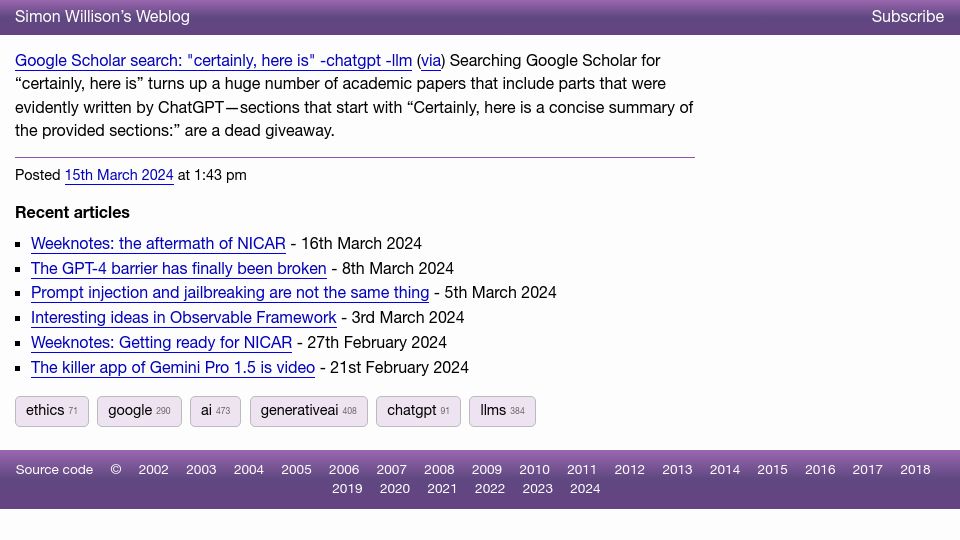 Screenshot of simonwillison.net: Google Scholar search: "certainly, here is" -chatgpt -llm