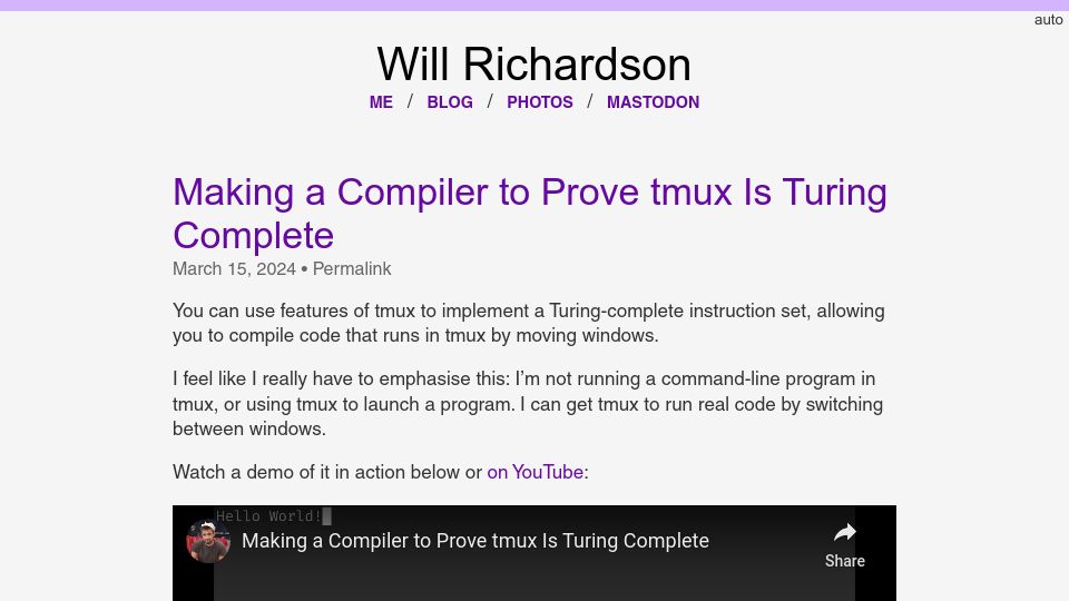 Screenshot of willhbr.net: Show HN: Making a Compiler to Prove Tmux Is Turing Complete