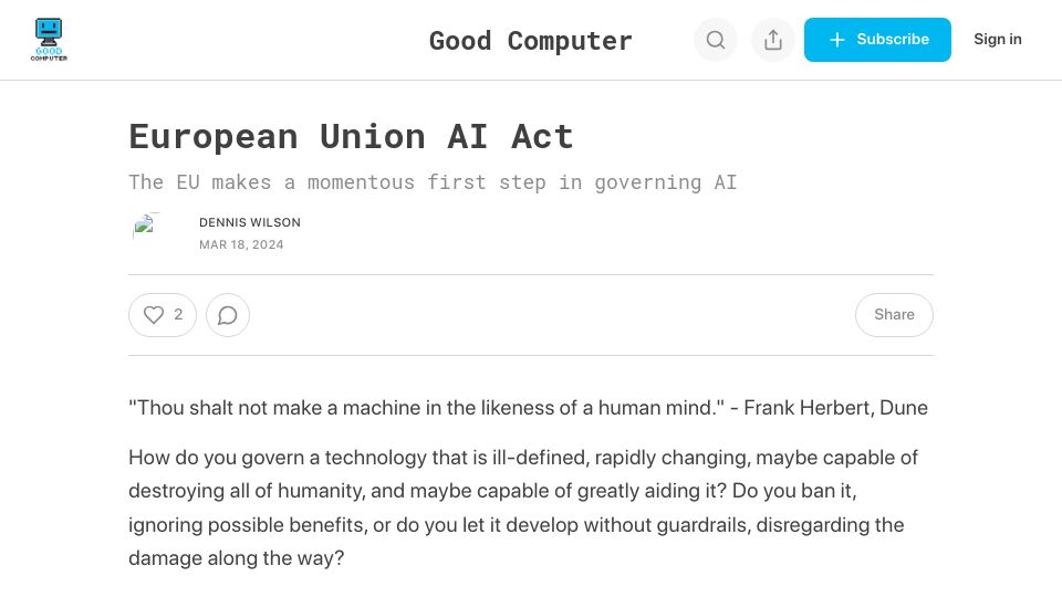 Screenshot of goodcomputer.substack.com: European Union AI Act