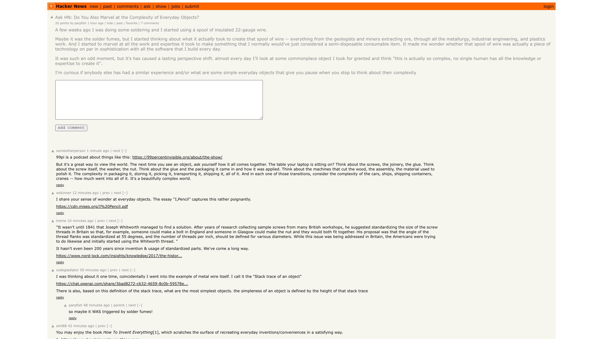 Screenshot of this Hacker News post: Ask HN: Do you also marvel at the complexity of everyday objects?