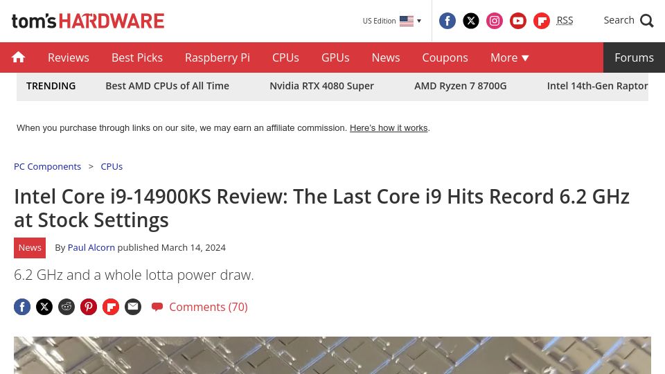 Screenshot of tomshardware.com: 6.2 GHz Intel Core I9-14900KS Review