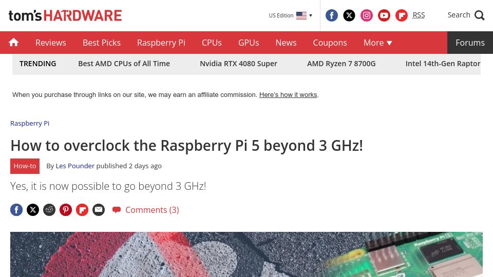 Screenshot of tomshardware.com: How to overclock the Raspberry Pi 5 beyond 3 GHz