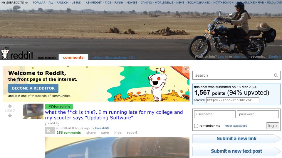 Screenshot of old.reddit.com: Running late for college, and the scooter is stuck in an update