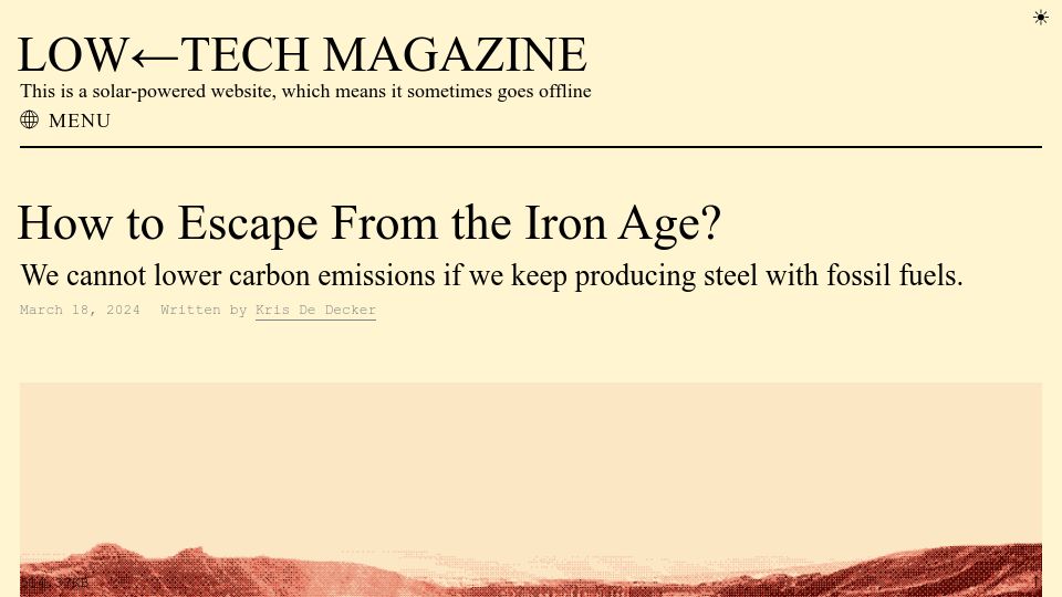 Screenshot of solar.lowtechmagazine.com: How to Escape from the Iron Age?