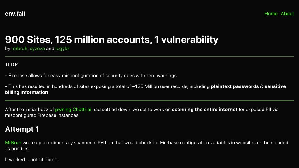 Screenshot of env.fail: 900 Sites, 125M accounts, 1 Vulnerability