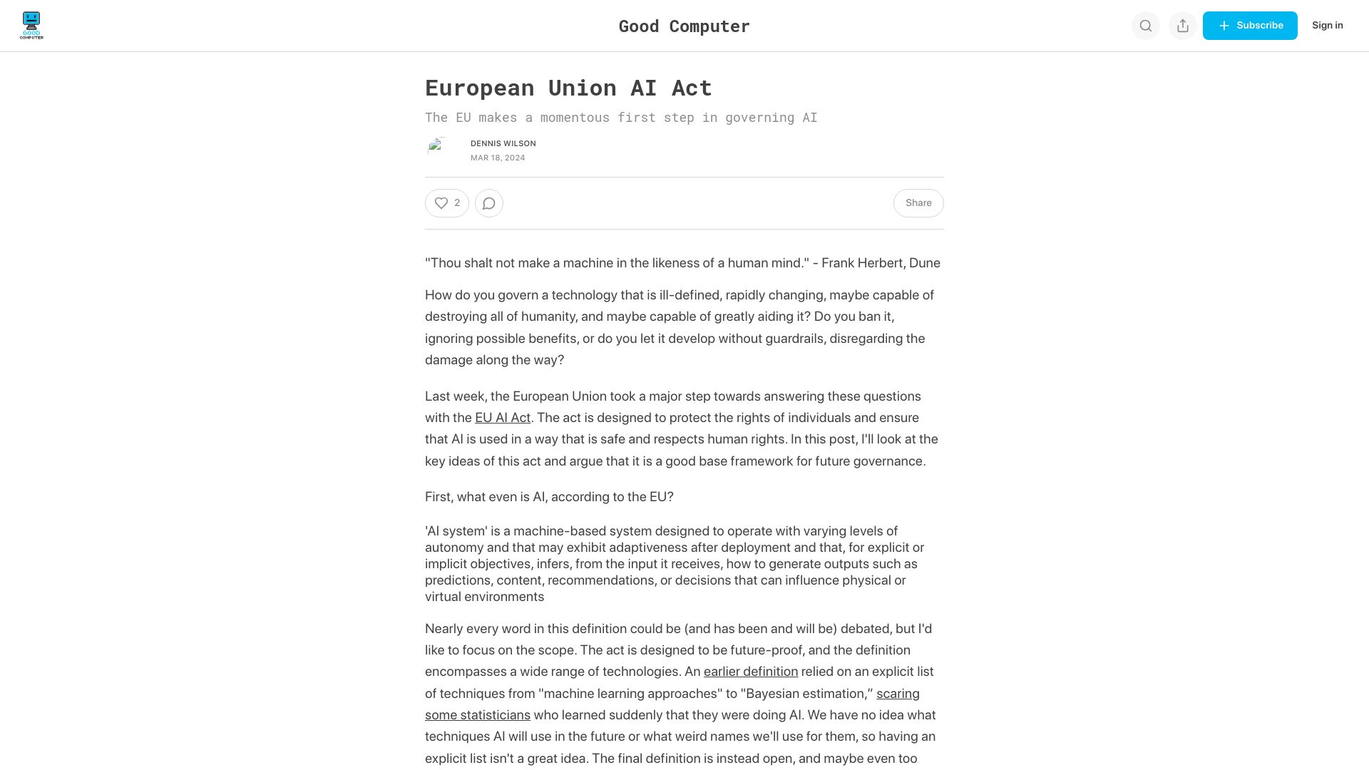 Screenshot of goodcomputer.substack.com: European Union AI Act
