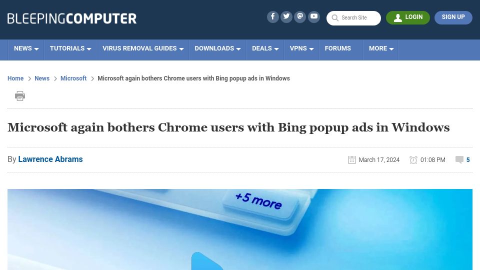 Screenshot of bleepingcomputer.com: Microsoft again bothers Chrome users with Bing popup ads in Windows