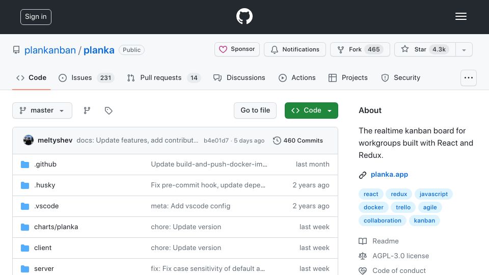 Screenshot of github.com: Elegant open source project tracking, Trello like but self-hosted