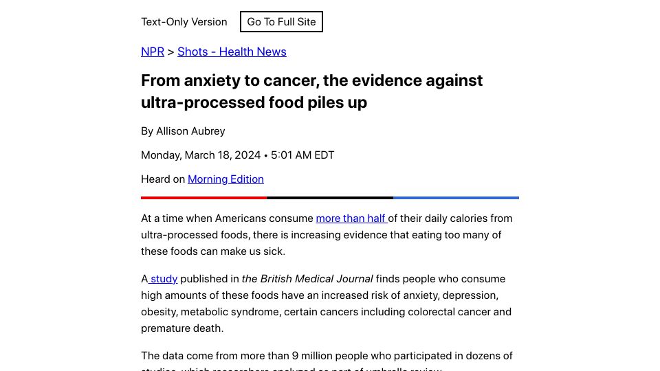 Screenshot of text.npr.org: From anxiety to cancer, the evidence against ultra-processed food piles up
