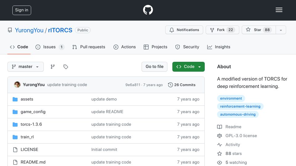 Screenshot of github.com: Torcs for Reinforcement Learning