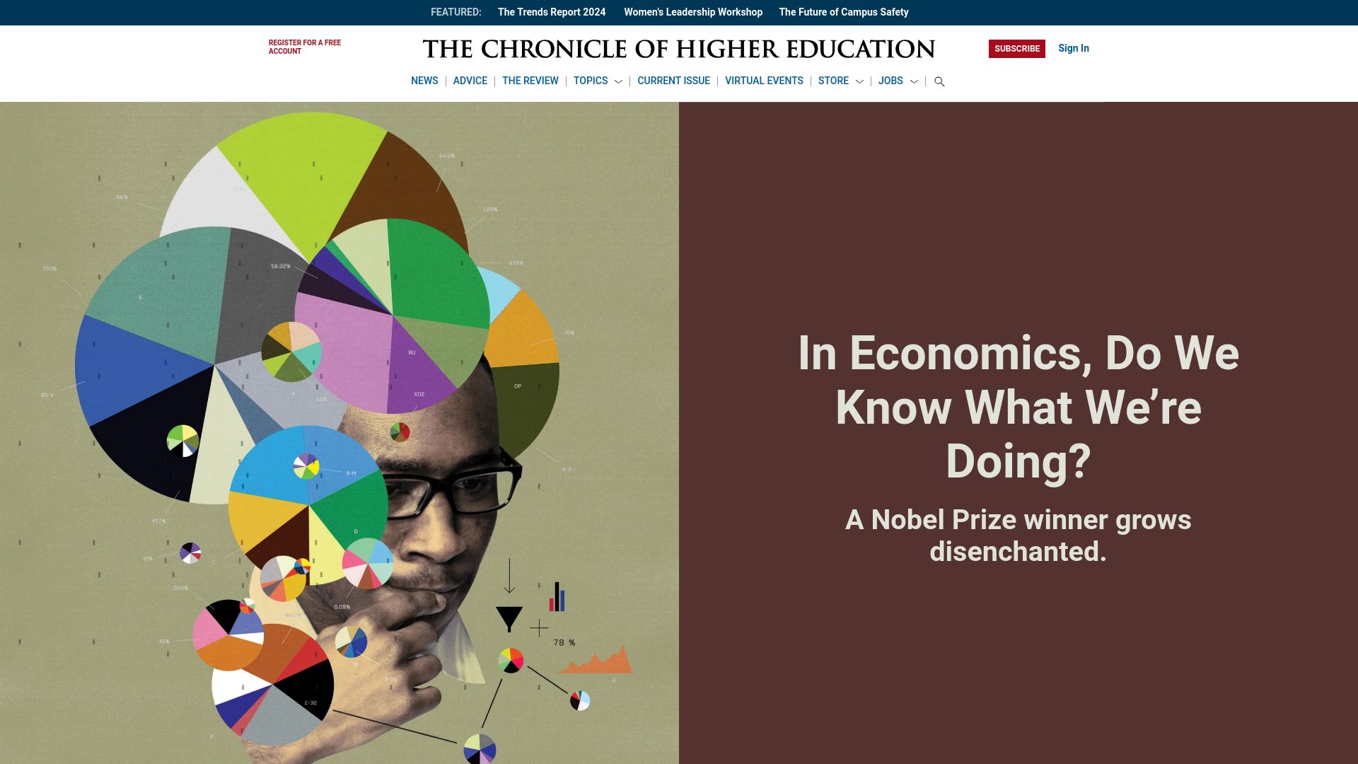 Screenshot of chronicle.com: In Economics Do We Know What We're Doing? Nobel Prize winner grows disenchanted