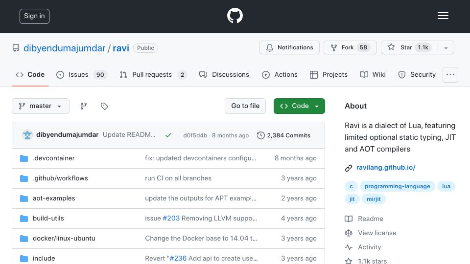 Screenshot of github.com: Ravi is a dialect of Lua, with JIT and AOT compilers