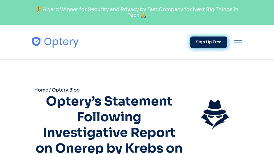 Screenshot of optery.com: Optery's Statement Following Investigative Report on Onerep by Krebs on Security