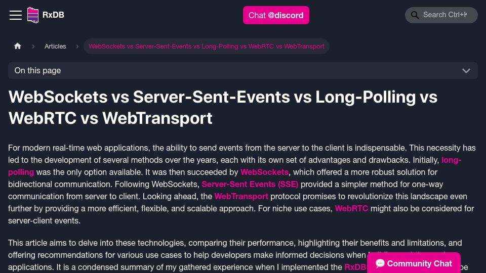 Screenshot of rxdb.info: WebSockets vs. Server-Sent-Events vs. Long-Polling vs. WebRTC vs. WebTransport