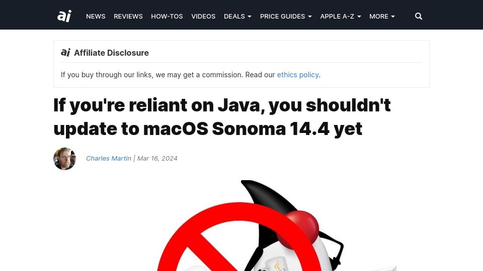 Screenshot of appleinsider.com: macOS Sonoma 14.4 might break Java on your machine