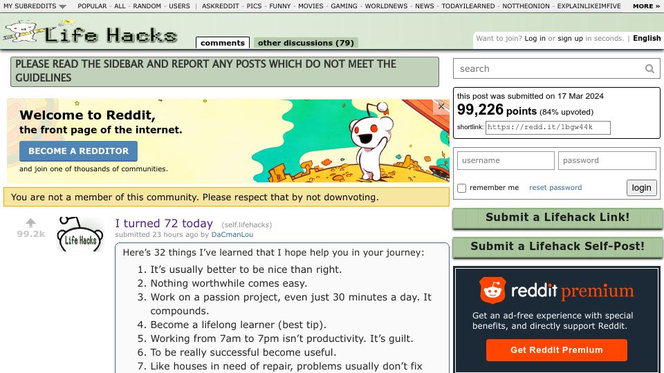 Screenshot of old.reddit.com: I Turned 72 Today