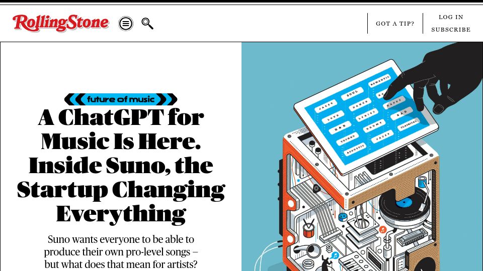 Screenshot of rollingstone.com: A ChatGPT for Music Is Here. Inside Suno, the Startup Changing Everything