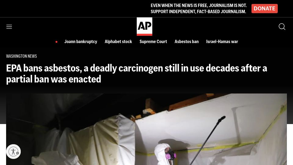 Screenshot of apnews.com: EPA bans asbestos, a deadly carcinogen still in use decades after partial ban