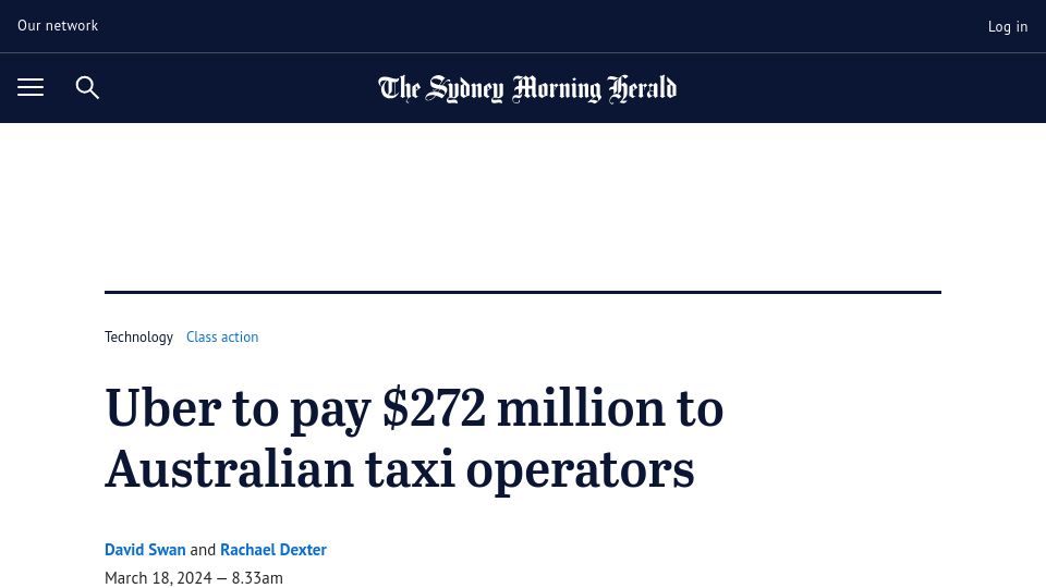 Screenshot of smh.com.au: Uber to pay $272M to Australian taxi operators
