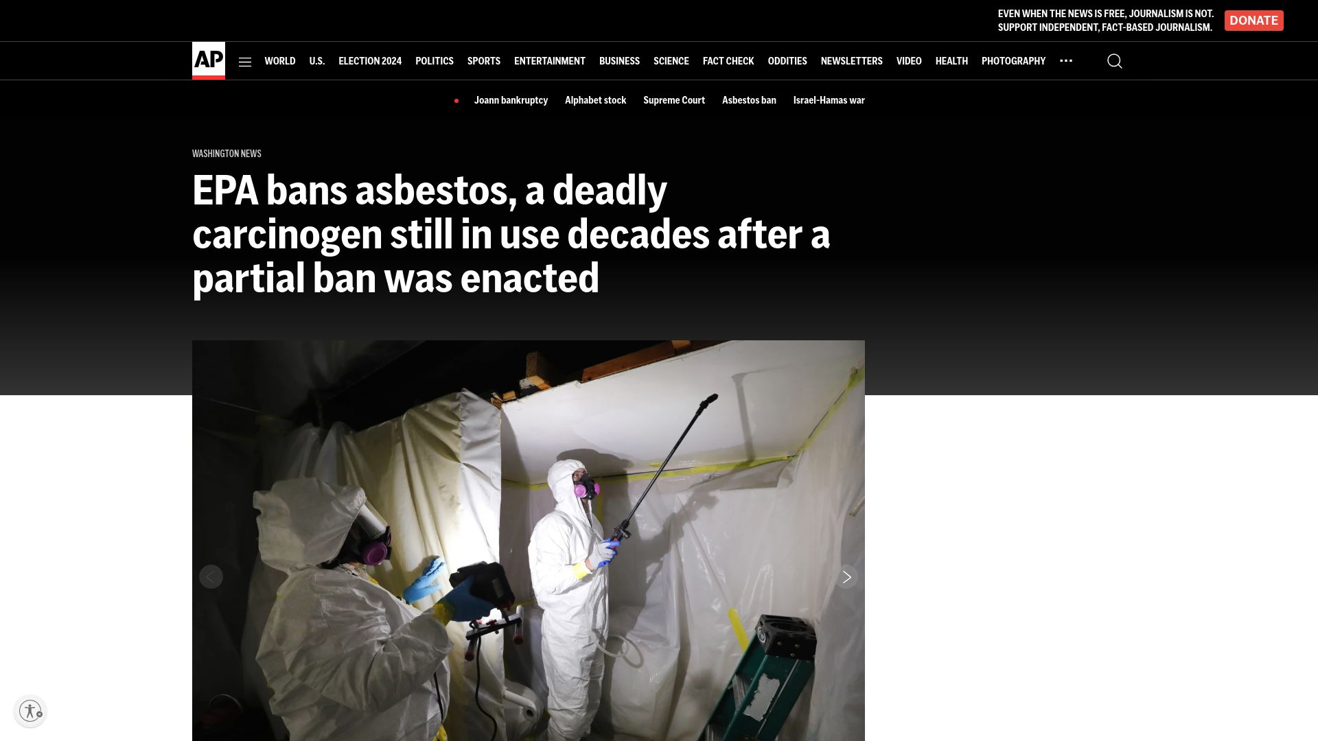 Screenshot of apnews.com: EPA bans asbestos, a deadly carcinogen still in use decades after partial ban