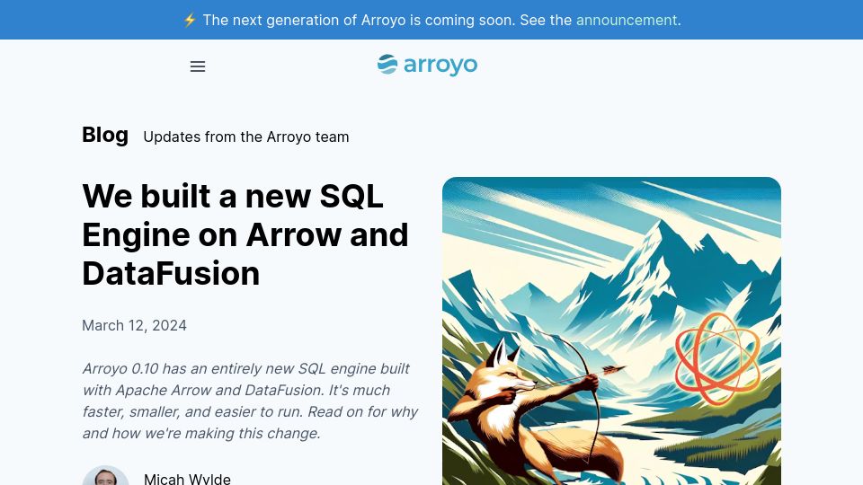 Screenshot of arroyo.dev: Building a streaming SQL engine with Arrow and DataFusion