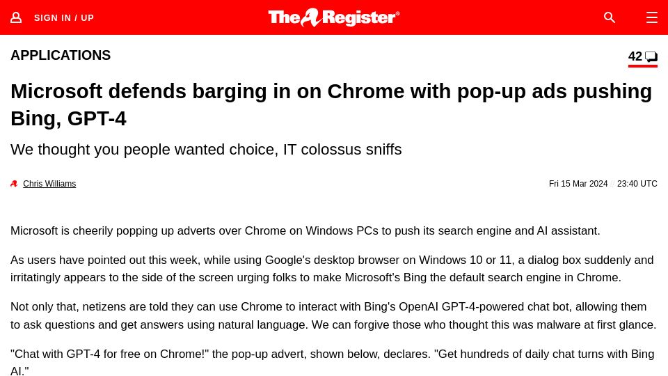 Screenshot of theregister.com: Microsoft pushes Bing, GPT-4 in Chrome pop-up adverts