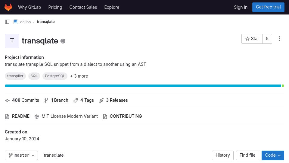 Screenshot of gitlab.com: Transpile Any SQL to PostgreSQL Dialect