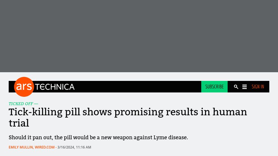 Screenshot of arstechnica.com: Tick-killing pill shows promising results in human trial