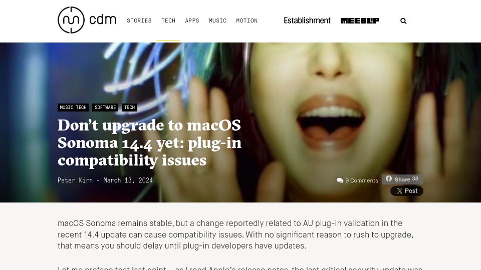 Screenshot of cdm.link: Don't upgrade to macOS Sonoma 14.4 yet: plug-in compatibility issues
