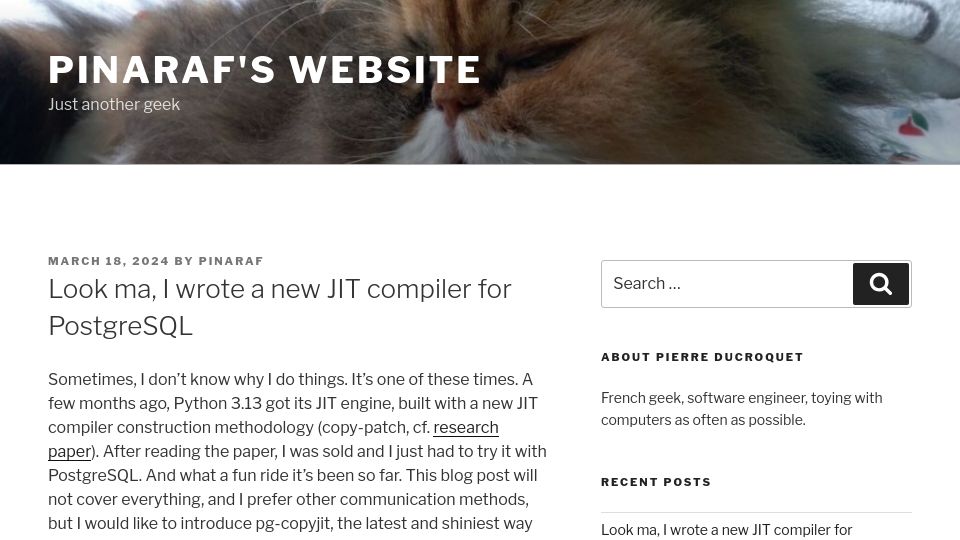 Screenshot of pinaraf.info: I wrote a new JIT compiler for PostgreSQL