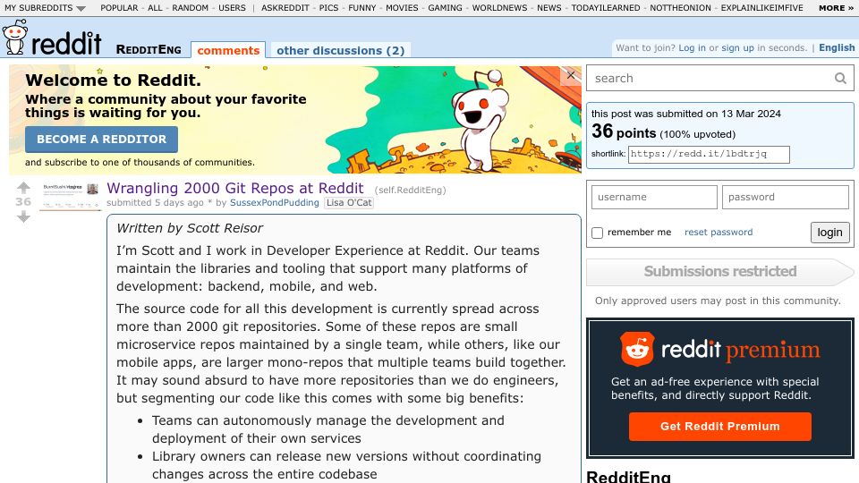 Screenshot of old.reddit.com: Wrangling 2000 Git Repos at Reddit