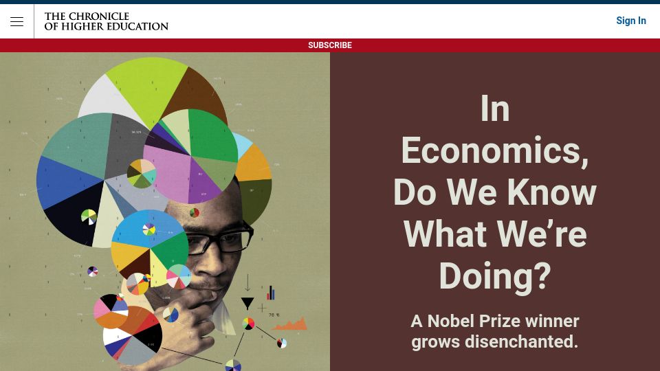 Screenshot of chronicle.com: In Economics Do We Know What We're Doing? Nobel Prize winner grows disenchanted