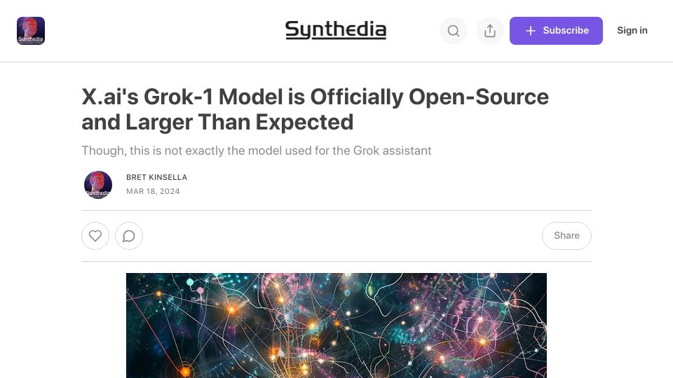 Screenshot of synthedia.substack.com: X.ai's Grok-1 Model Is Officially Open-Source and Larger Than Expected
