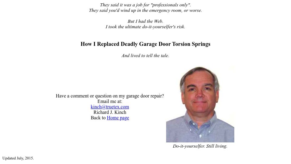 Screenshot of truetex.com: How I replaced deadly garage door torsion springs (2002)