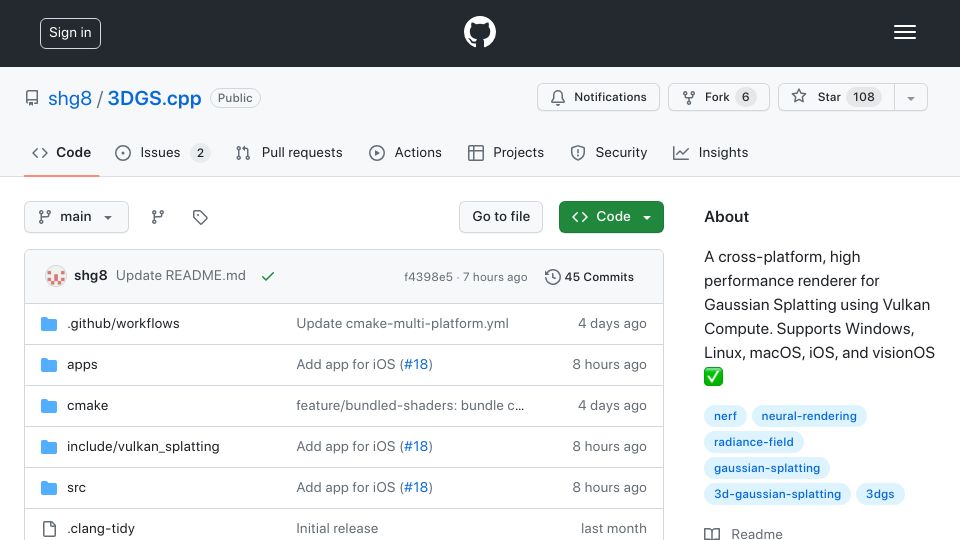 Screenshot of github.com: Show HN: 3DGS.cpp – performant, cross platform Gaussian Splatting with Vulkan