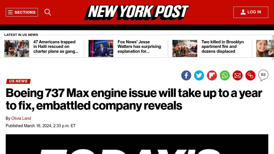 Screenshot of nypost.com: Boeing 737 MAX engine issue will take up to a year to fix