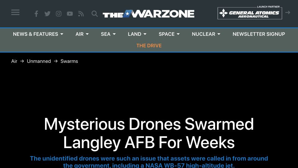 Screenshot of twz.com: Mysterious Drones Swarmed Langley AFB for Weeks