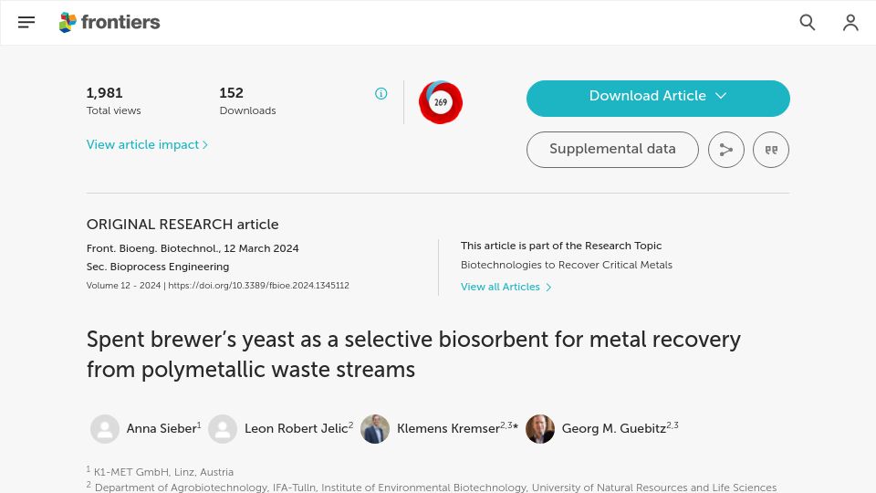 Screenshot of frontiersin.org: Spent brewer's yeast as a biosorbent for metal recovery from polymetallic waste
