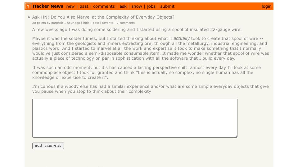 Screenshot of Hacker News post: Ask HN: Do you also marvel at the complexity of everyday objects?