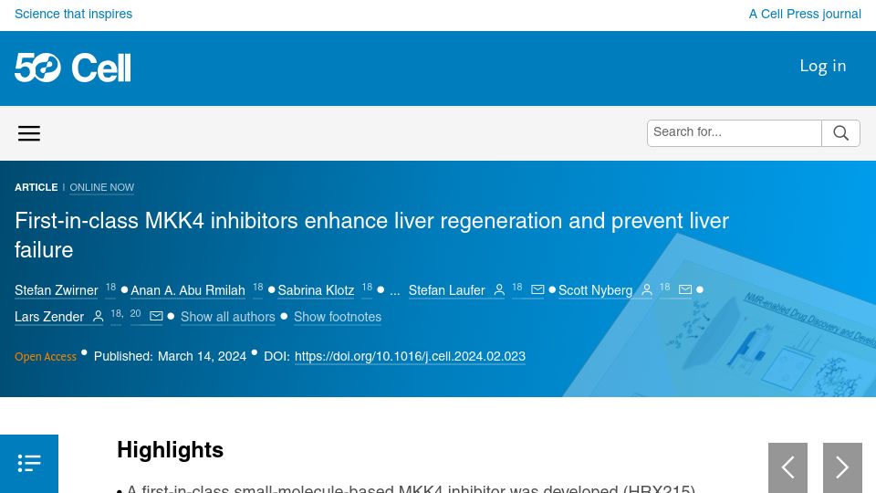 Screenshot of cell.com: First-in-class MKK4 inhibitors enhance liver regeneration, prevent liver failure