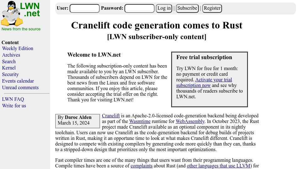 Screenshot of lwn.net: Cranelift code generation comes to Rust