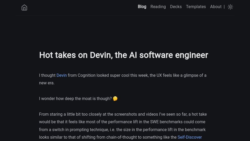 Screenshot of tomhipwell.co: Hot takes on Devin, the AI software engineer